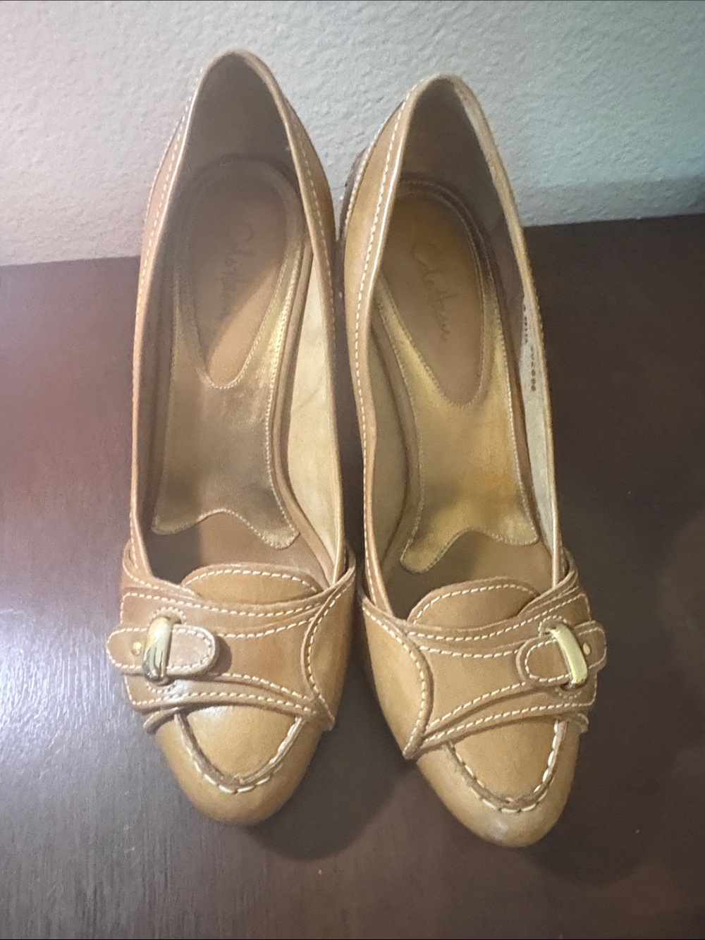 Kenneth Cole Tan Leather Pointed Toe Pumps with Buckle Accent